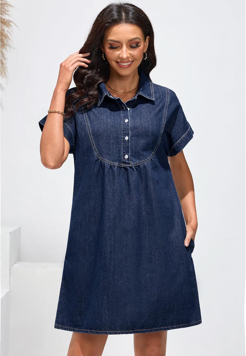 luvamia Denim Dress for Women Summer Short Sleeve Button Down Collared Pleated Western Jean Dresses with Pockets RelaxedDark Atlantic Blue