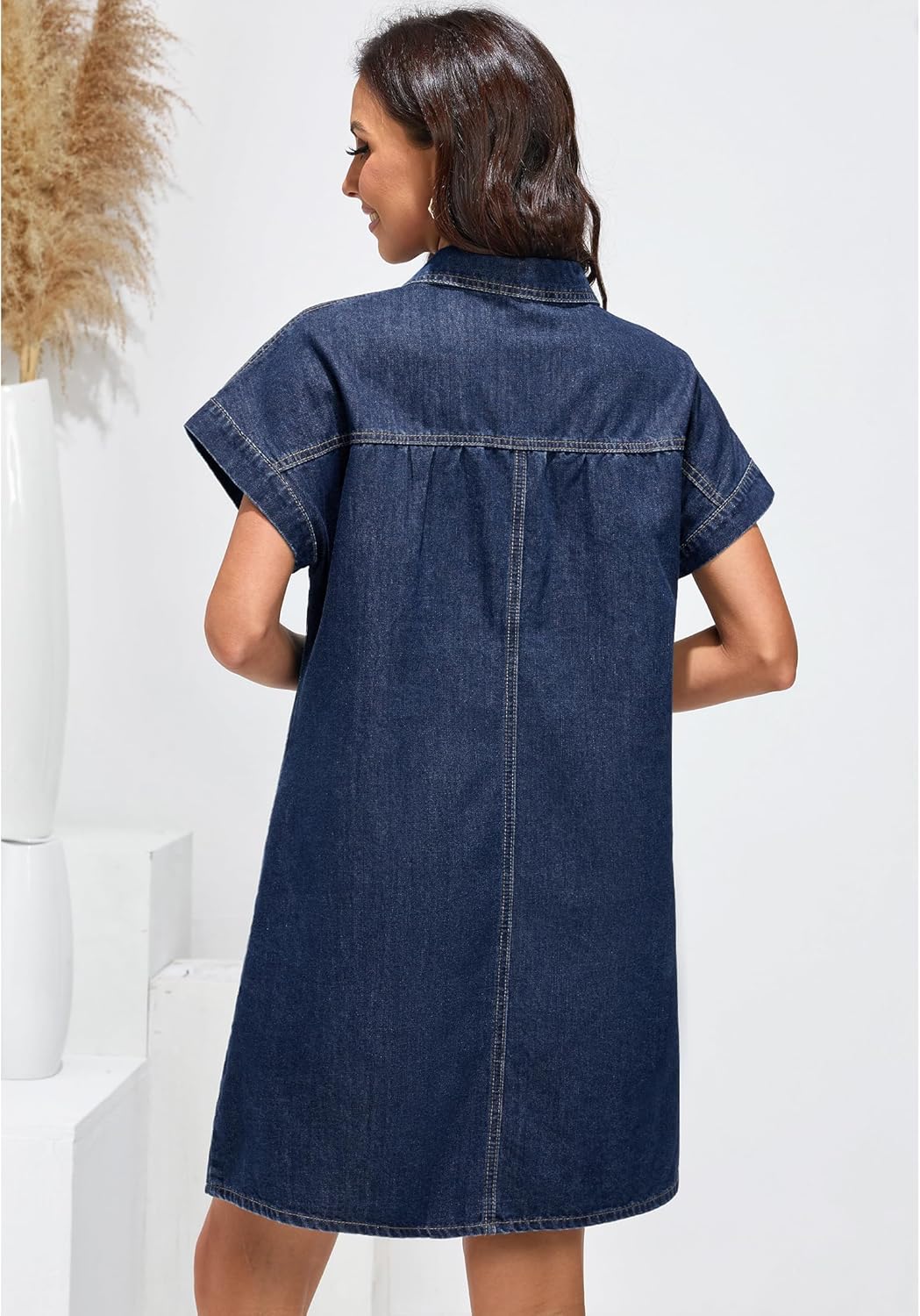 luvamia Denim Dress for Women Summer Short Sleeve Button Down Collared Pleated Western Jean Dresses with Pockets RelaxedDark Atlantic Blue