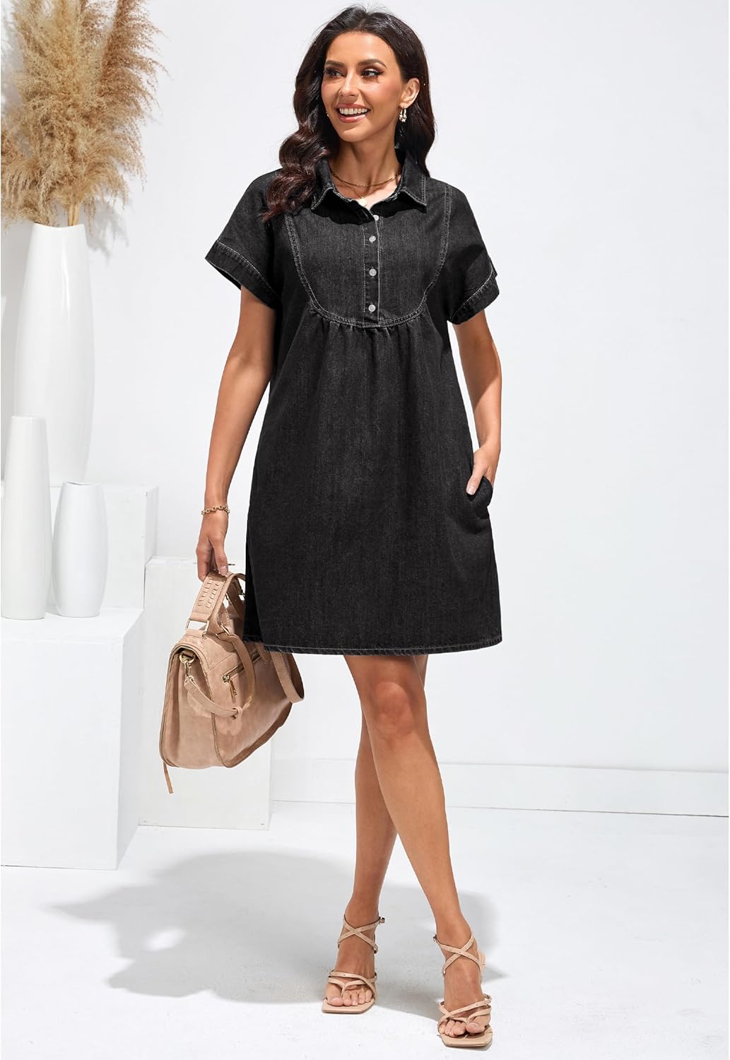 luvamia Denim Dress for Women Summer Short Sleeve Button Down Collared Pleated Western Jean Dresses with Pockets RelaxedFaded Black