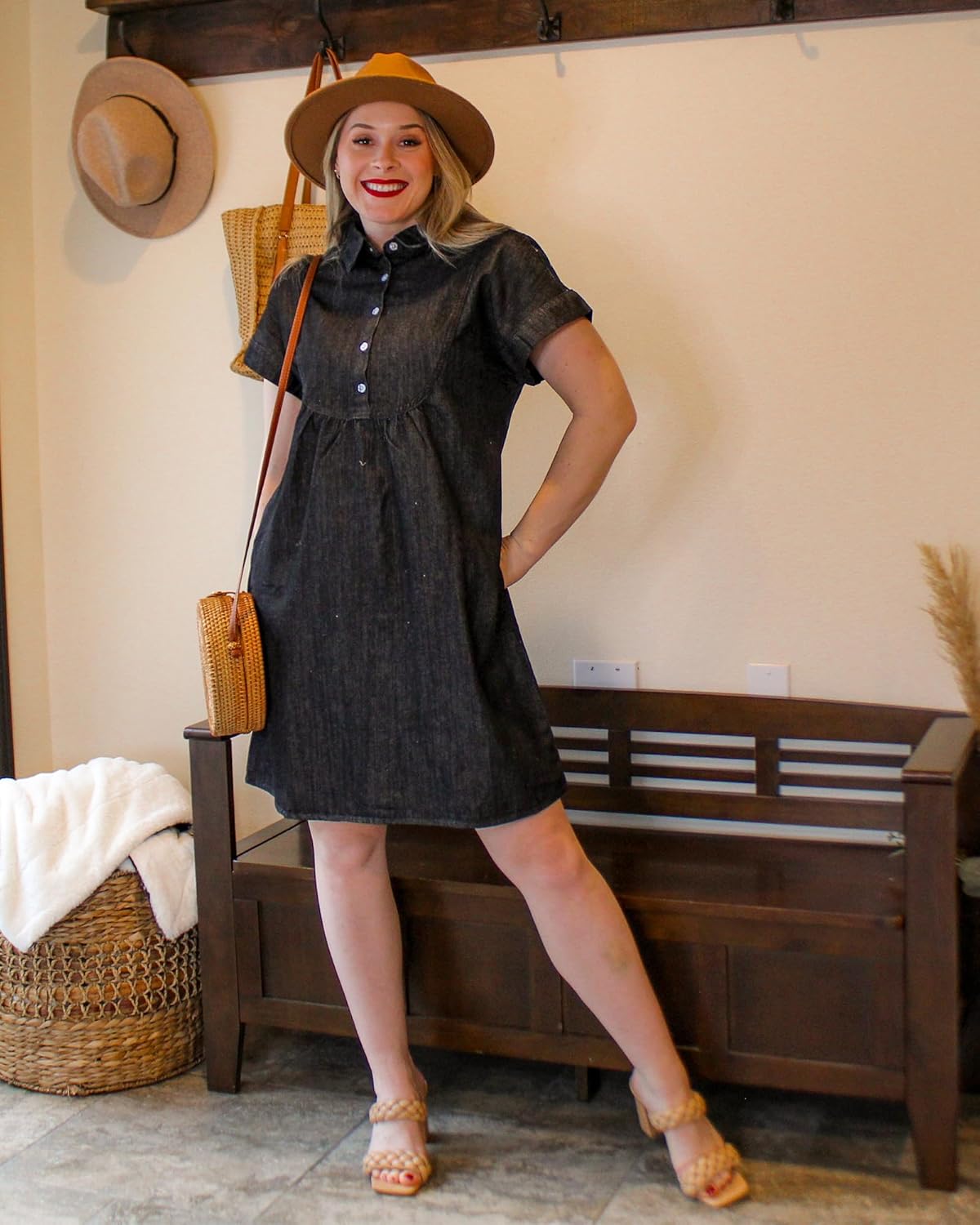 luvamia Denim Dress for Women Summer Short Sleeve Button Down Collared Pleated Western Jean Dresses with Pockets RelaxedFaded Black