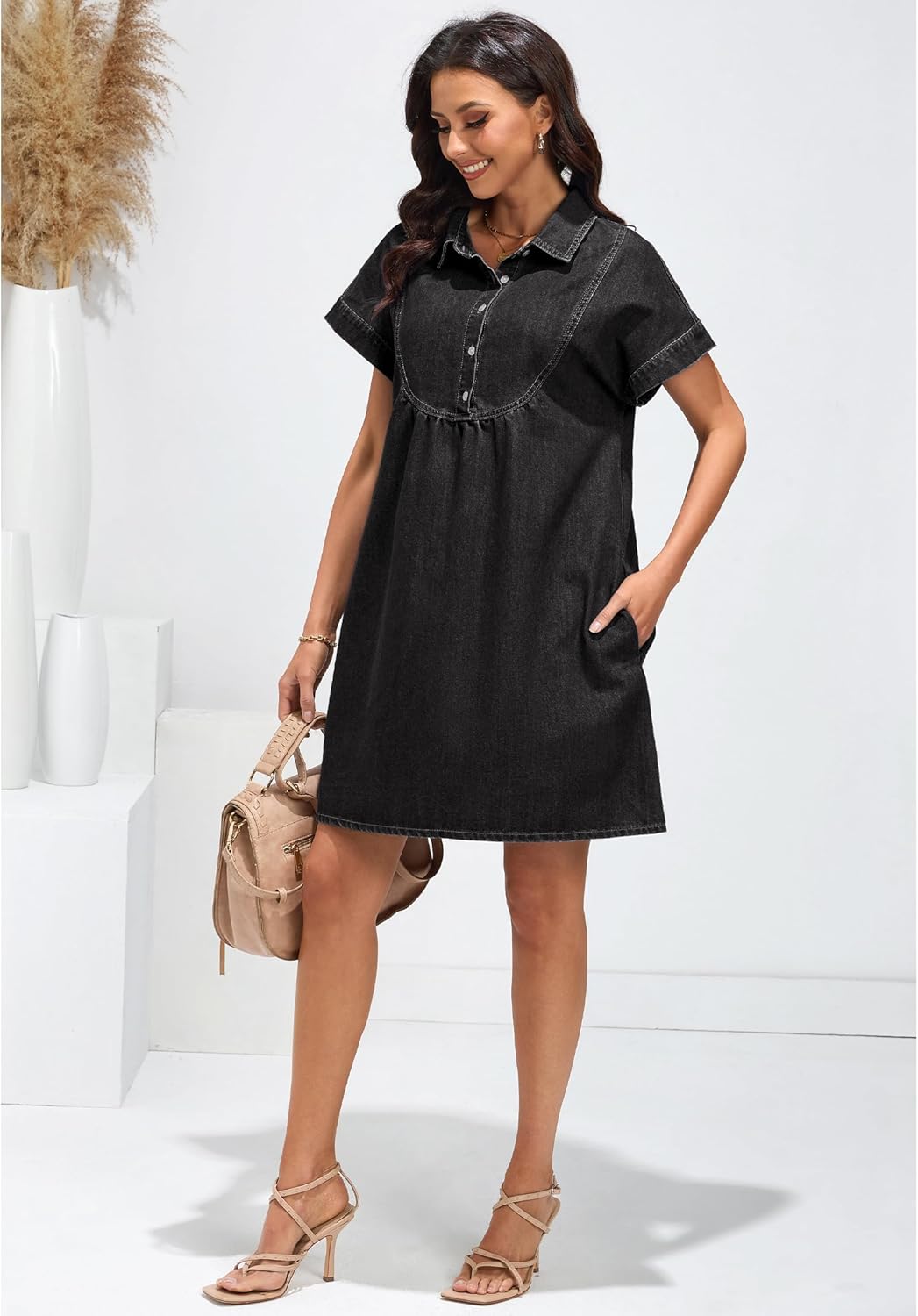 luvamia Denim Dress for Women Summer Short Sleeve Button Down Collared Pleated Western Jean Dresses with Pockets RelaxedFaded Black