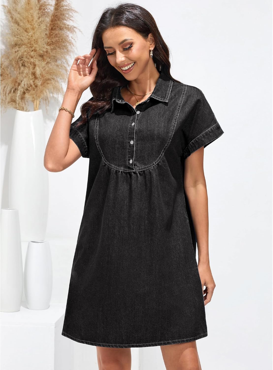 luvamia Denim Dress for Women Summer Short Sleeve Button Down Collared Pleated Western Jean Dresses with Pockets RelaxedFaded Black