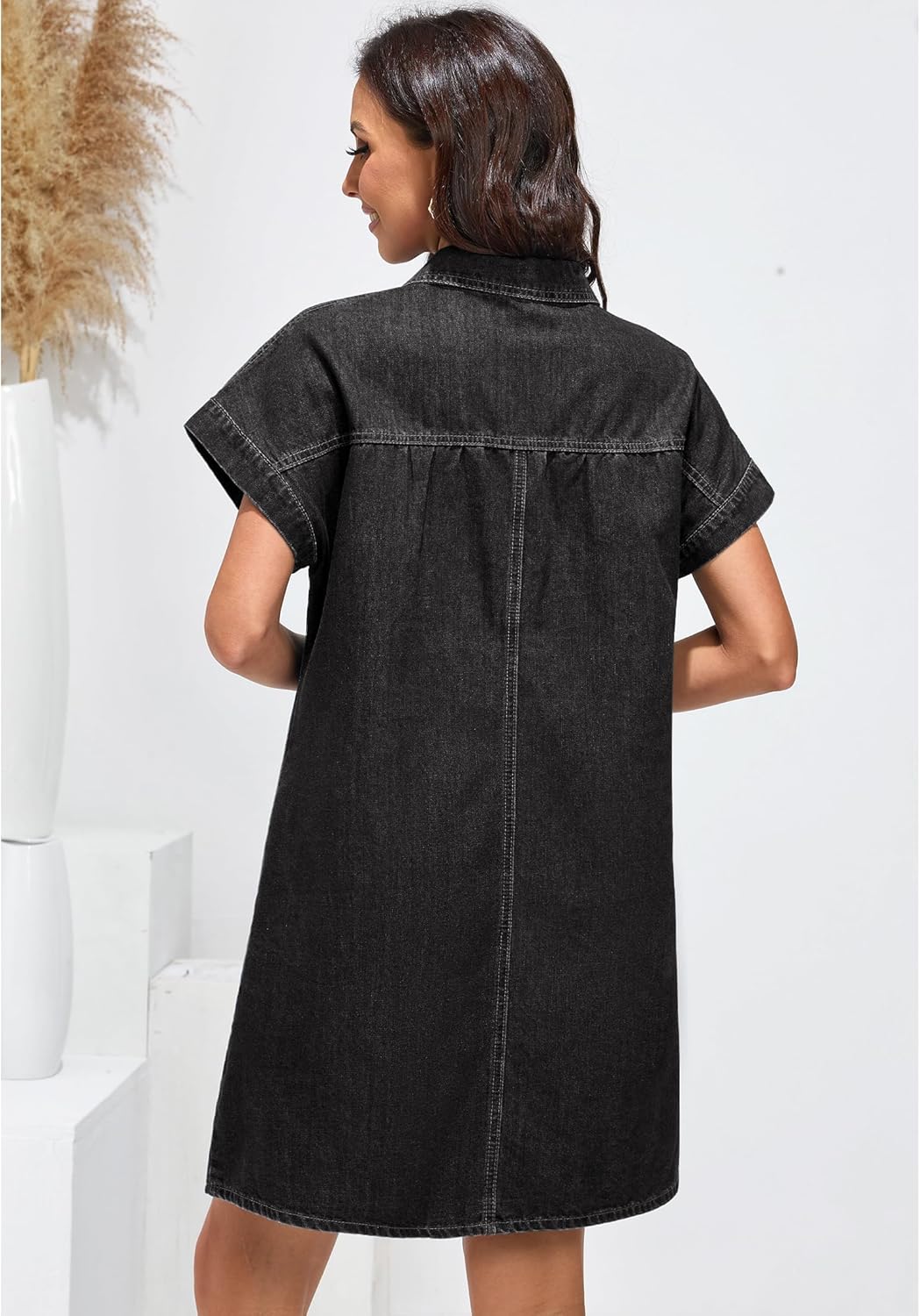 luvamia Denim Dress for Women Summer Short Sleeve Button Down Collared Pleated Western Jean Dresses with Pockets RelaxedFaded Black