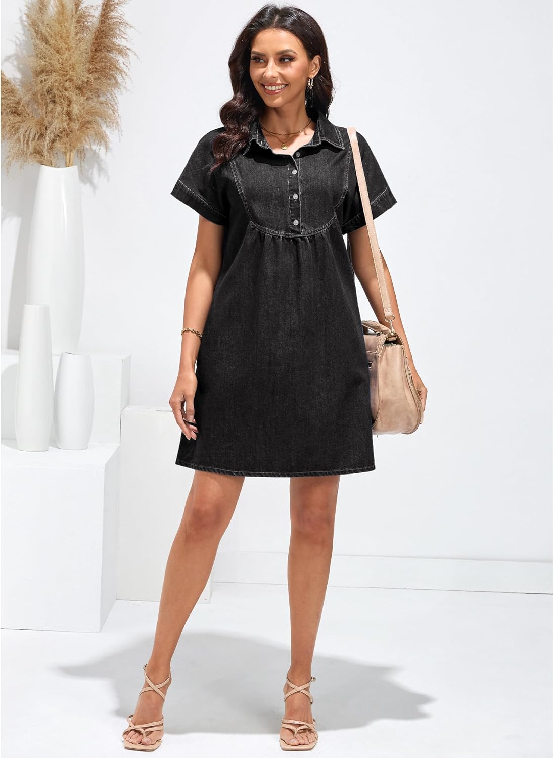 luvamia Denim Dress for Women Summer Short Sleeve Button Down Collared Pleated Western Jean Dresses with Pockets RelaxedFaded Black