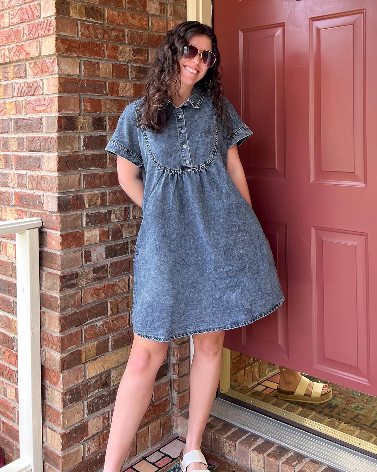 luvamia Denim Dress for Women Summer Short Sleeve Button Down Collared Pleated Western Jean Dresses with Pockets RelaxedReef Blue