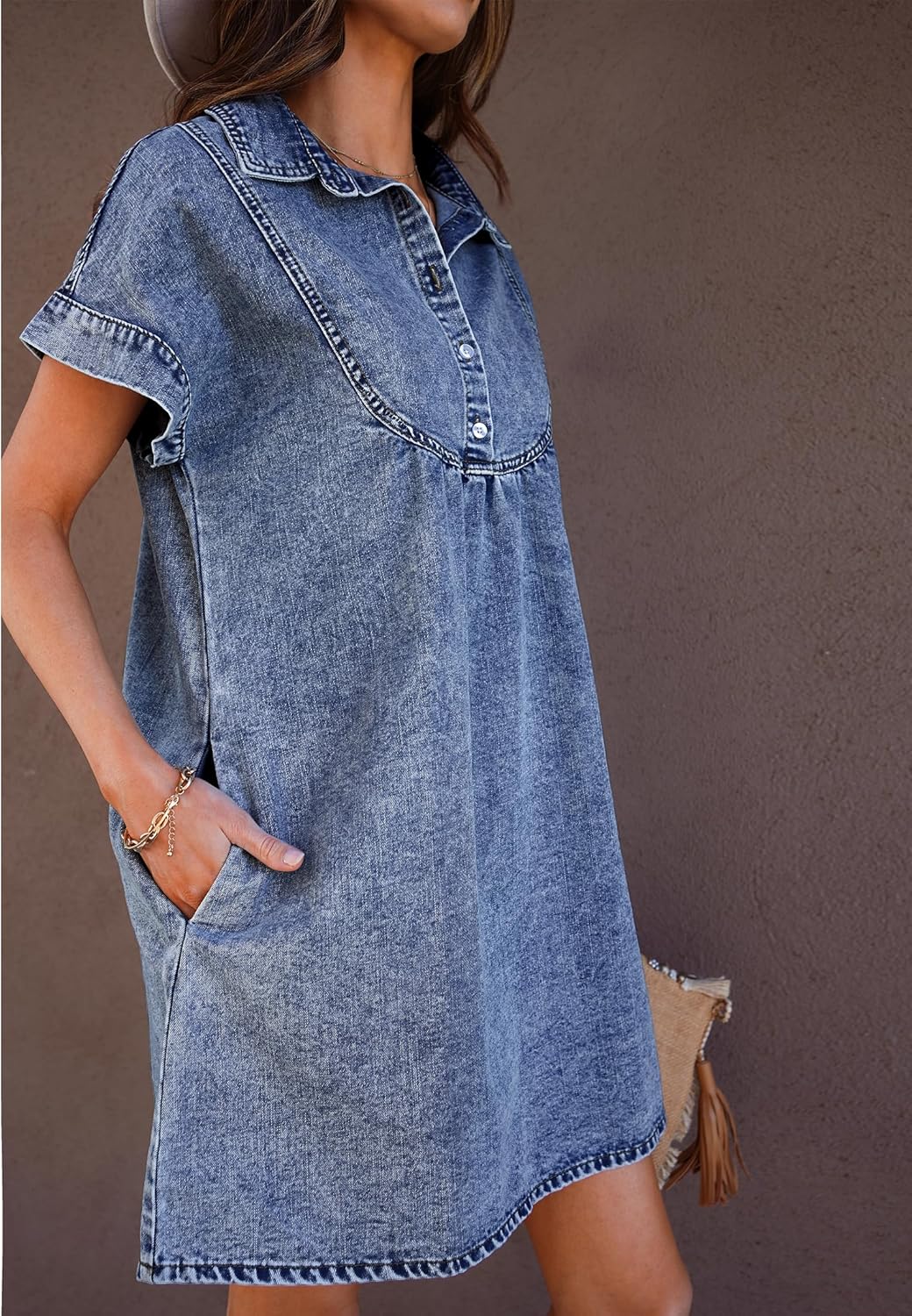 luvamia Denim Dress for Women Summer Short Sleeve Button Down Collared Pleated Western Jean Dresses with Pockets RelaxedReef Blue