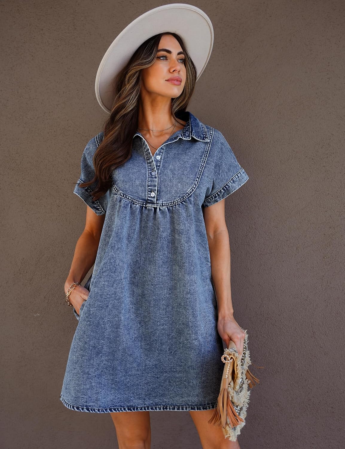 luvamia Denim Dress for Women Summer Short Sleeve Button Down Collared Pleated Western Jean Dresses with Pockets RelaxedReef Blue