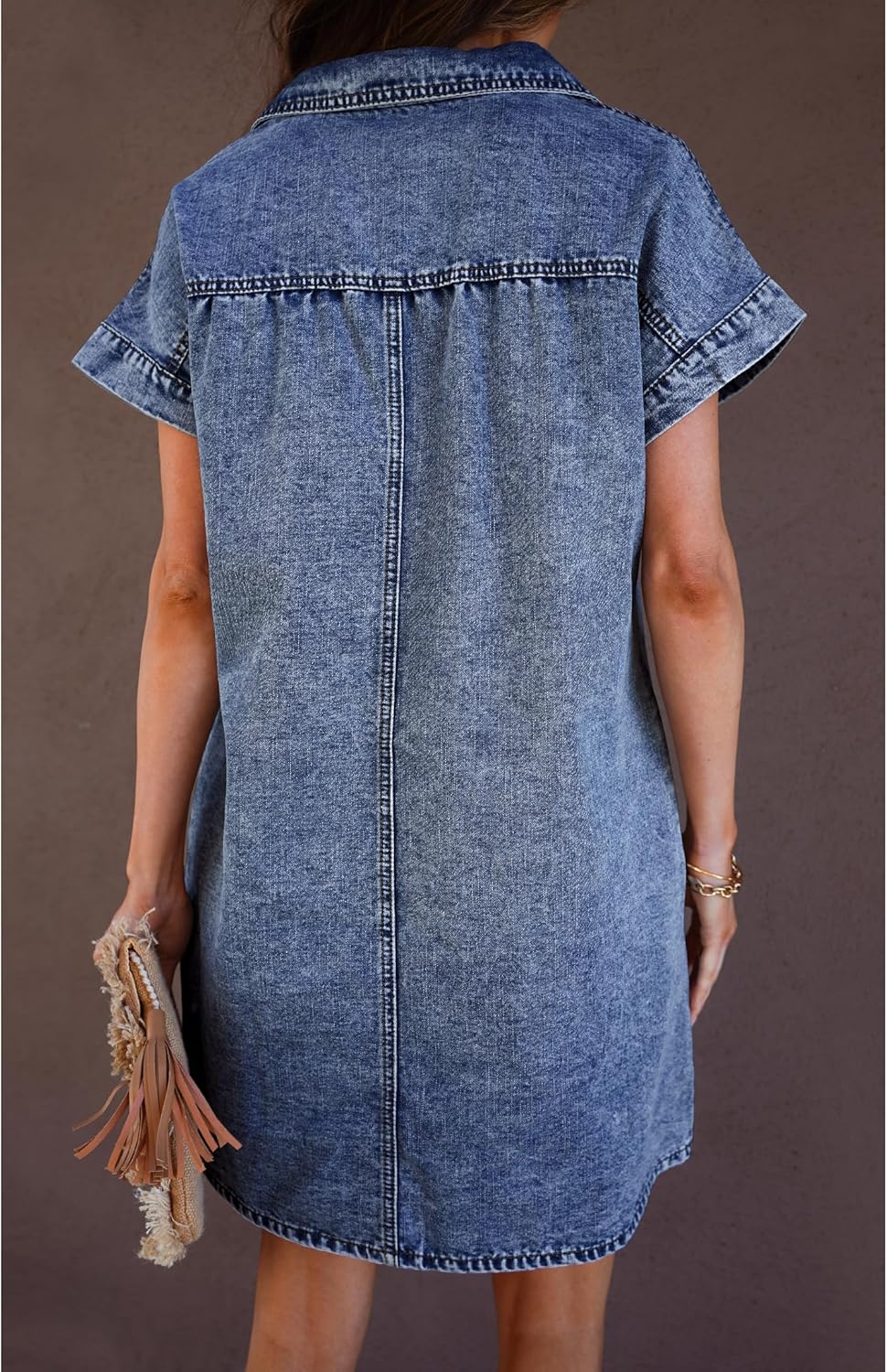 luvamia Denim Dress for Women Summer Short Sleeve Button Down Collared Pleated Western Jean Dresses with Pockets RelaxedReef Blue