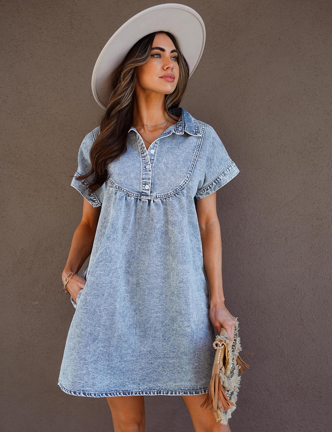 luvamia Denim Dress for Women Summer Short Sleeve Button Down Collared Pleated Western Jean Dresses with Pockets RelaxedRoadknight Blue
