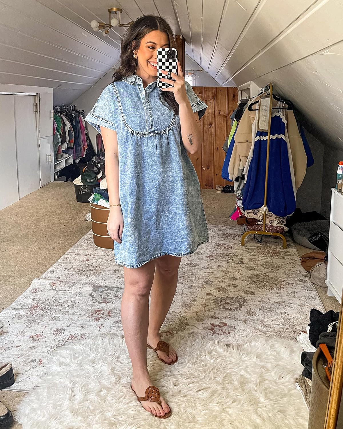 luvamia Denim Dress for Women Summer Short Sleeve Button Down Collared Pleated Western Jean Dresses with Pockets RelaxedRoadknight Blue