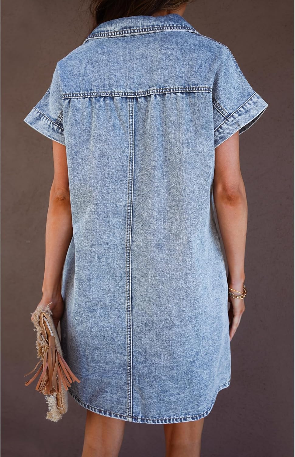 luvamia Denim Dress for Women Summer Short Sleeve Button Down Collared Pleated Western Jean Dresses with Pockets RelaxedRoadknight Blue