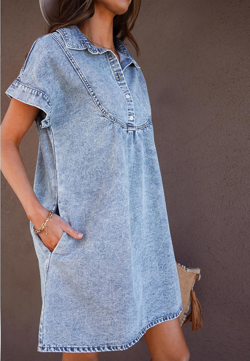 luvamia Denim Dress for Women Summer Short Sleeve Button Down Collared Pleated Western Jean Dresses with Pockets RelaxedRoadknight Blue