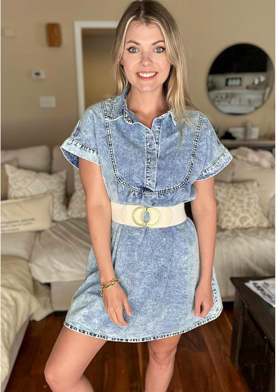 luvamia Denim Dress for Women Summer Short Sleeve Button Down Collared Pleated Western Jean Dresses with Pockets RelaxedRoadknight Blue