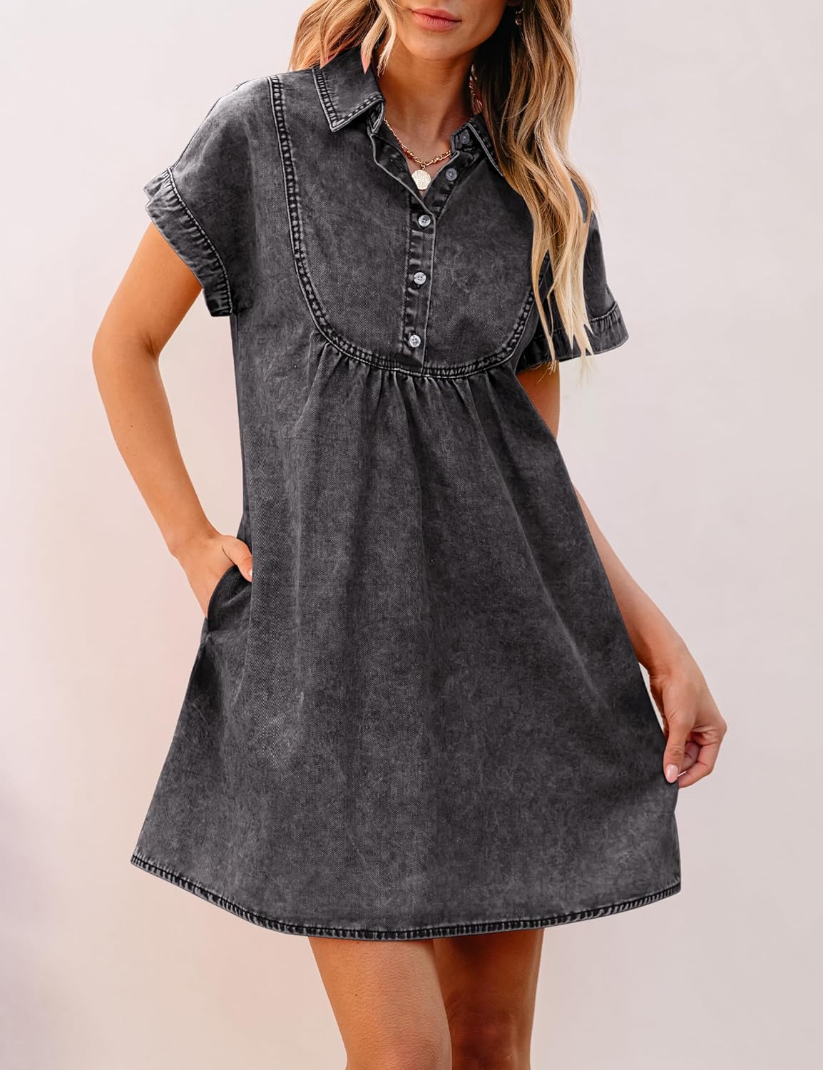 luvamia Denim Dress for Women Summer Short Sleeve Button Down Collared Pleated Western Jean Dresses with Pockets RelaxedSmokey Gray
