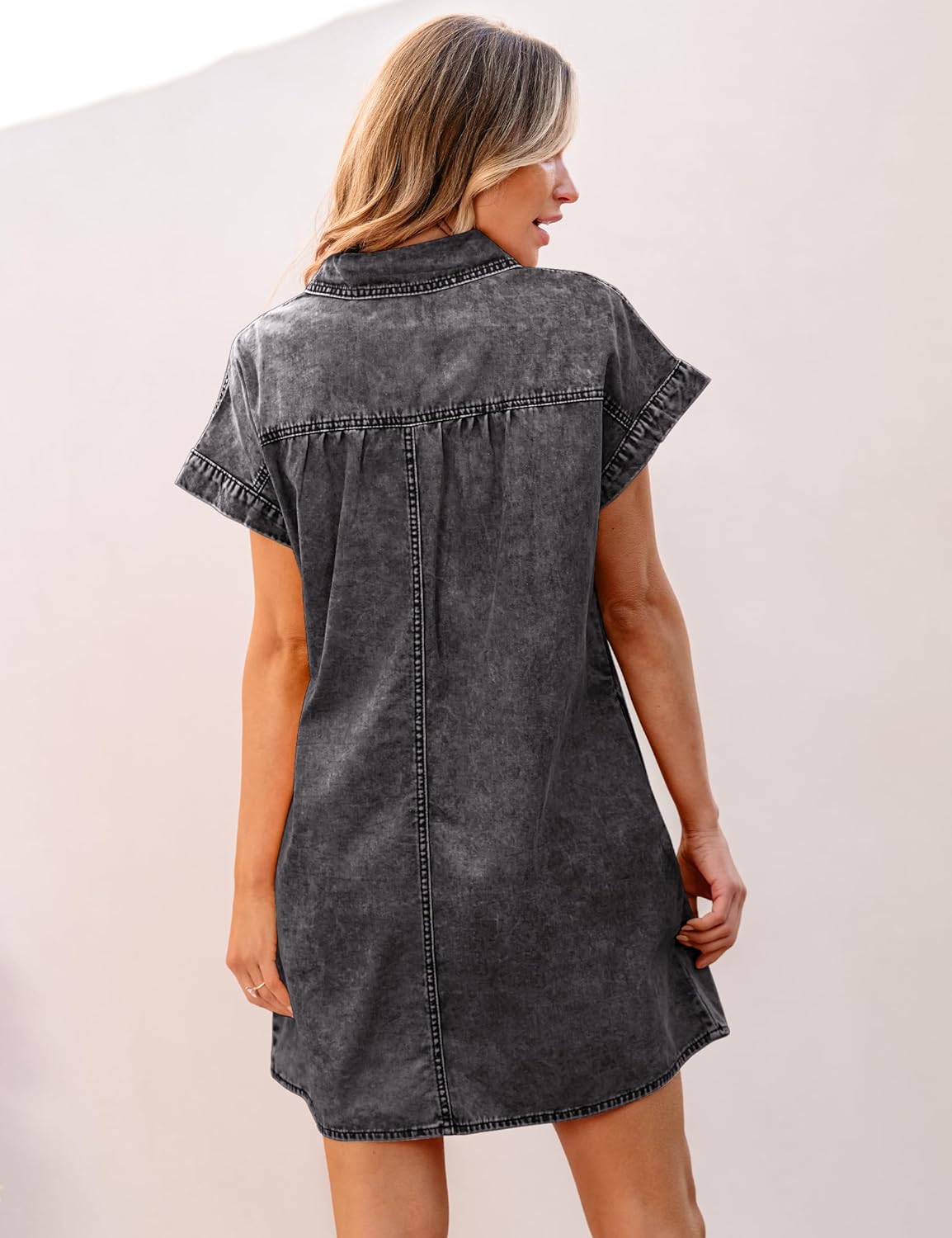 luvamia Denim Dress for Women Summer Short Sleeve Button Down Collared Pleated Western Jean Dresses with Pockets RelaxedSmokey Gray