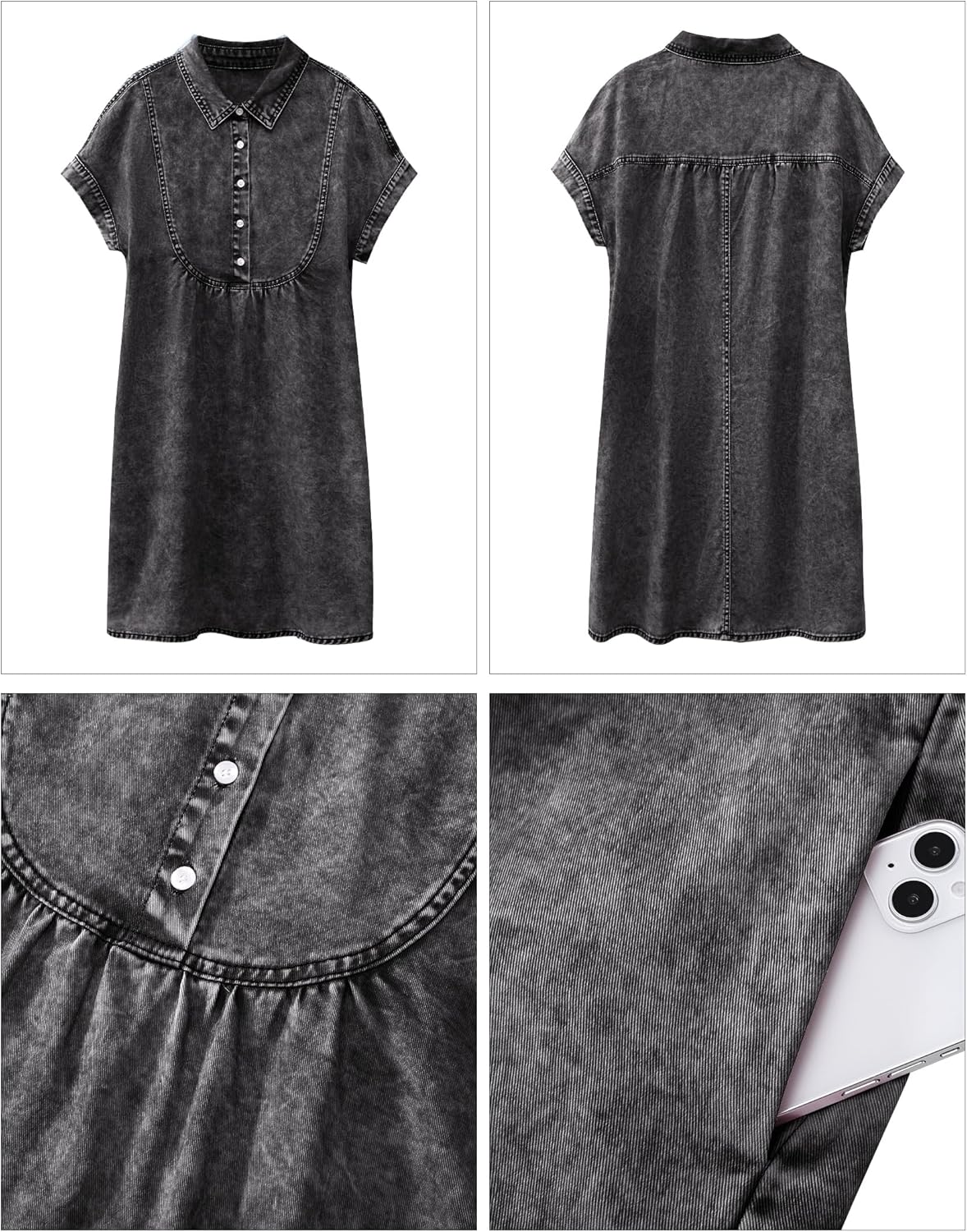 luvamia Denim Dress for Women Summer Short Sleeve Button Down Collared Pleated Western Jean Dresses with Pockets RelaxedSmokey Gray
