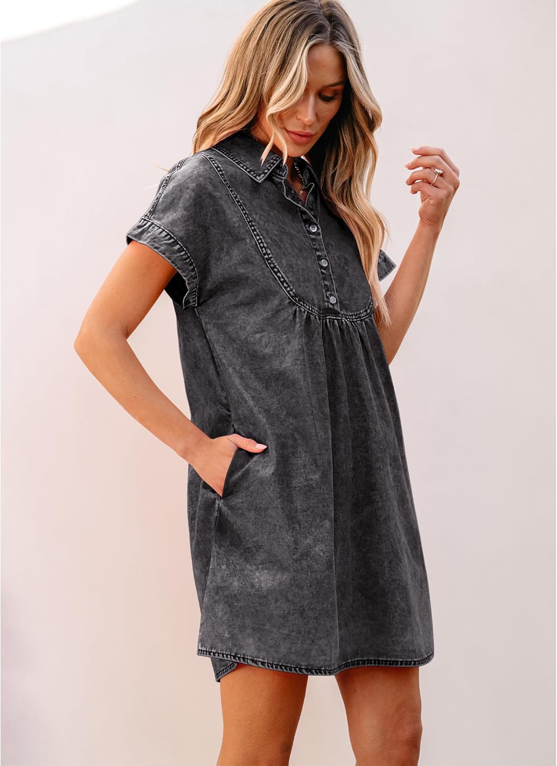luvamia Denim Dress for Women Summer Short Sleeve Button Down Collared Pleated Western Jean Dresses with Pockets RelaxedSmokey Gray