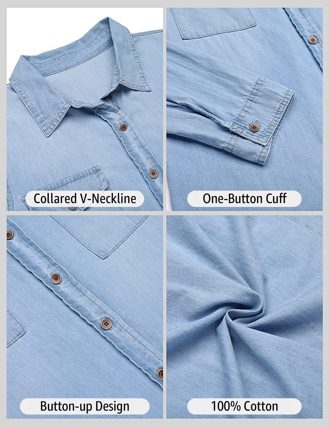 luvamia Denim Shirt Women Chambray Jean Western Shirts Long Sleeve Button Down TopsA Helium Blue