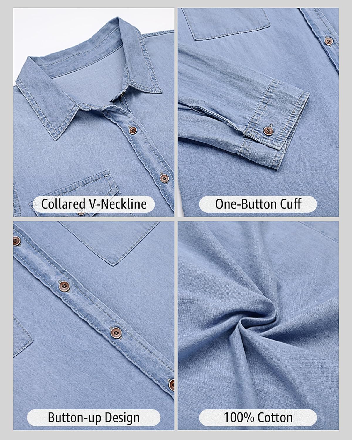 luvamia Denim Shirt Women Chambray Jean Western Shirts Long Sleeve Button Down TopsAcid Wash Lakeside Blue