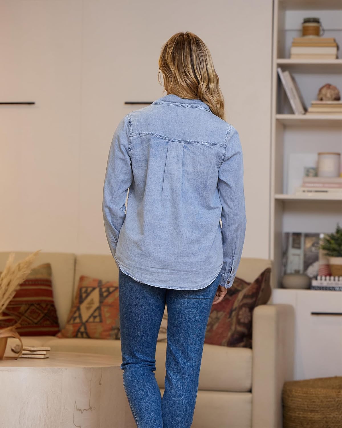 luvamia Denim Shirt Women Chambray Jean Western Shirts Long Sleeve Button Down TopsAcid Wash Lakeside Blue