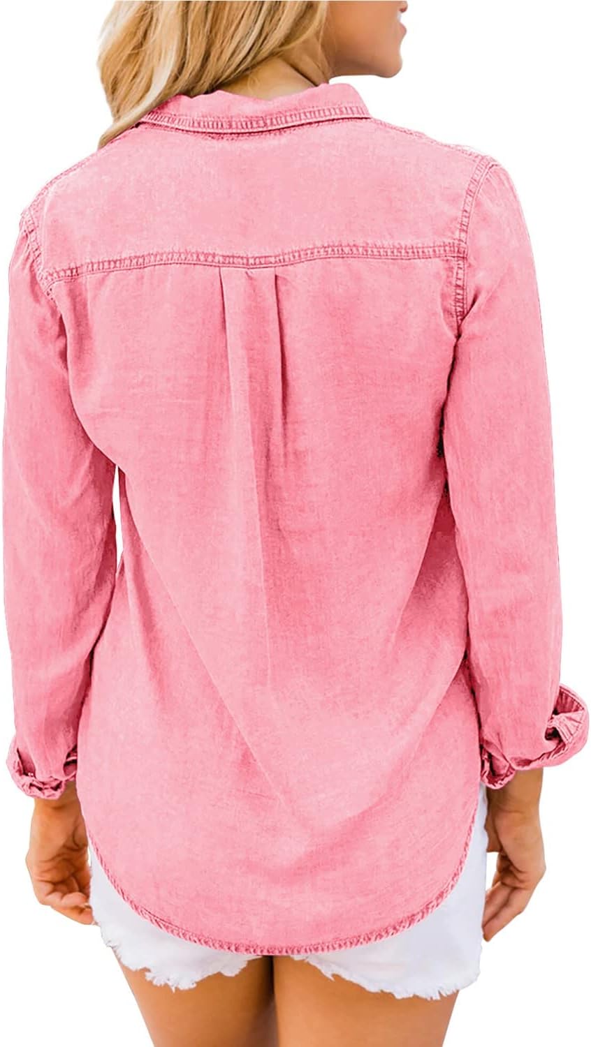 luvamia Denim Shirt Women Chambray Jean Western Shirts Long Sleeve Button Down TopsAurora Pink