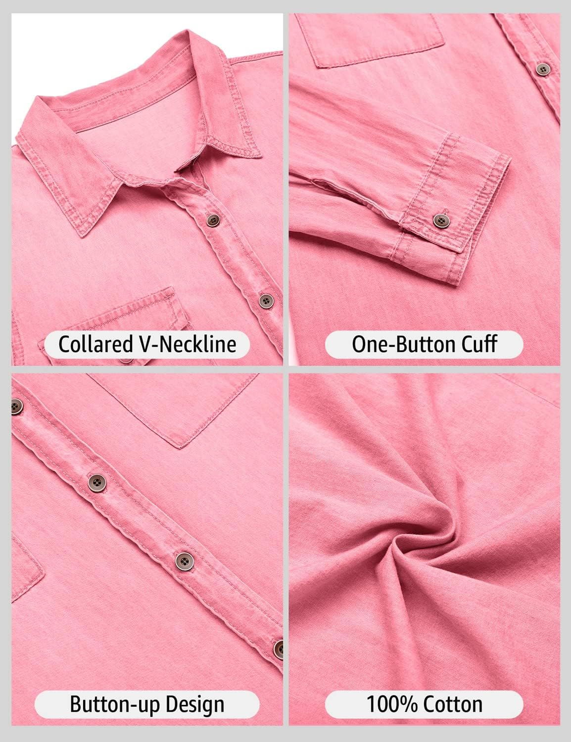 luvamia Denim Shirt Women Chambray Jean Western Shirts Long Sleeve Button Down TopsAurora Pink