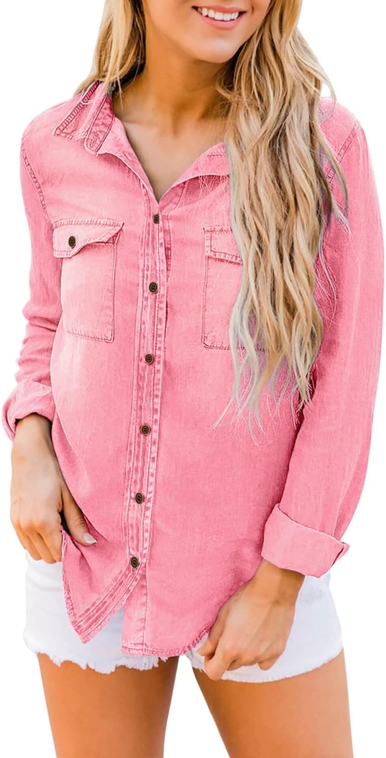 luvamia Denim Shirt Women Chambray Jean Western Shirts Long Sleeve Button Down TopsAurora Pink