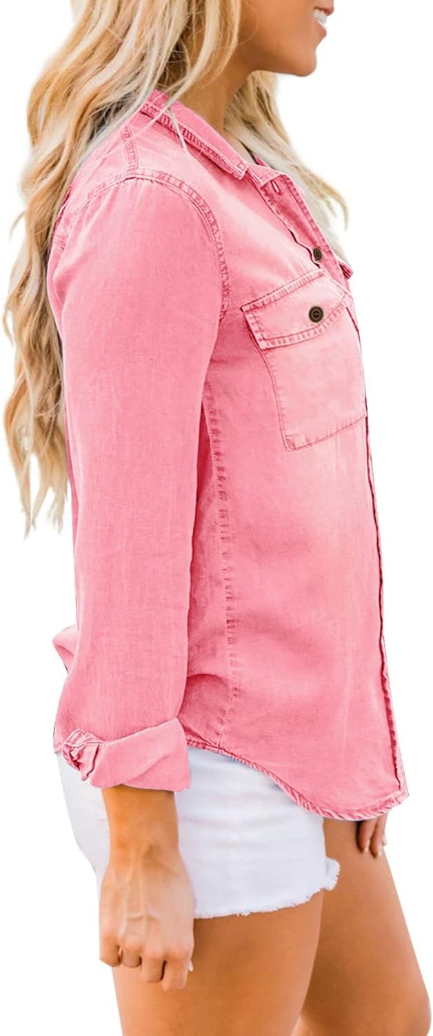 luvamia Denim Shirt Women Chambray Jean Western Shirts Long Sleeve Button Down TopsAurora Pink