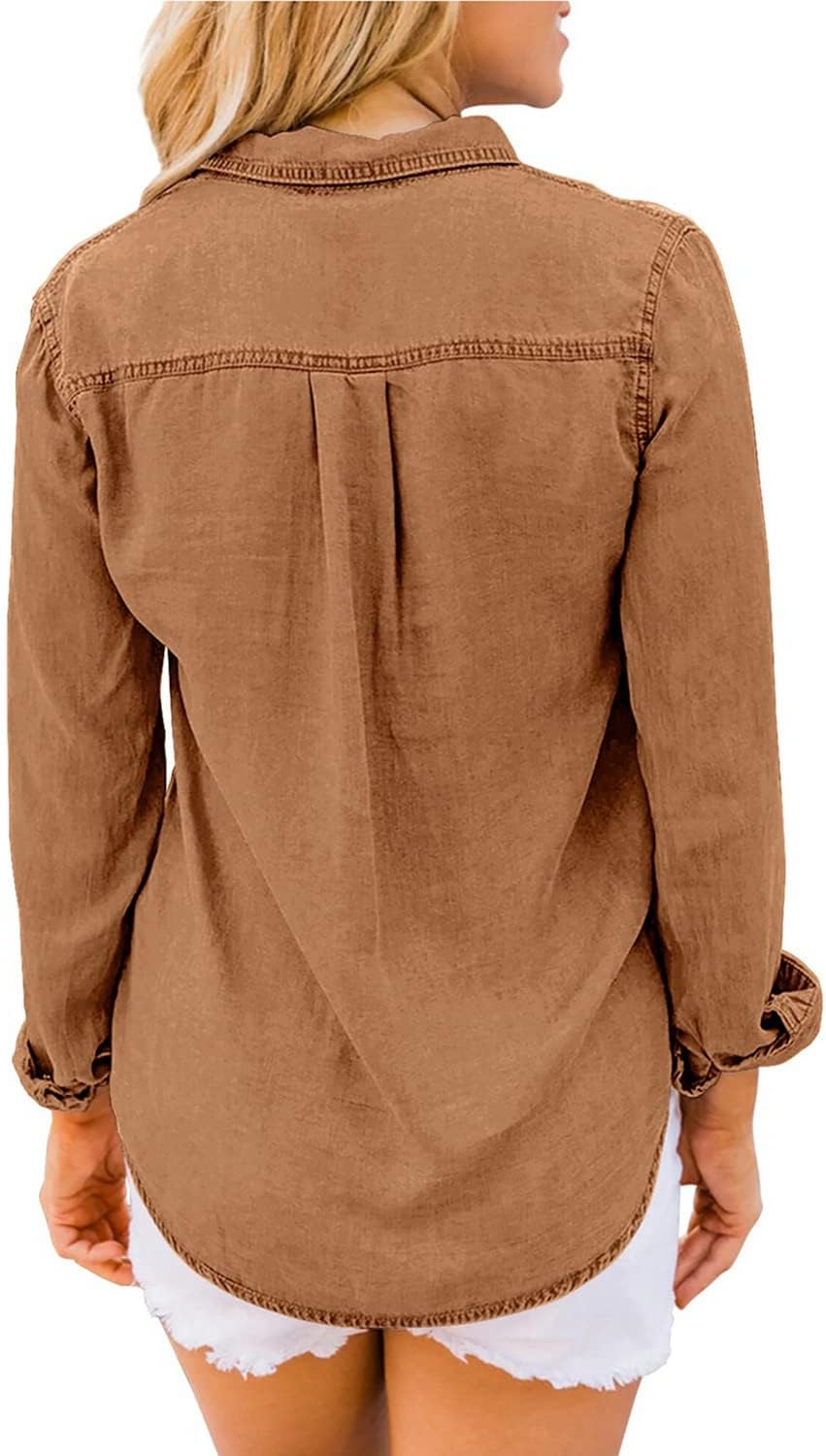 luvamia Denim Shirt Women Chambray Jean Western Shirts Long Sleeve Button Down TopsB Almond Brown