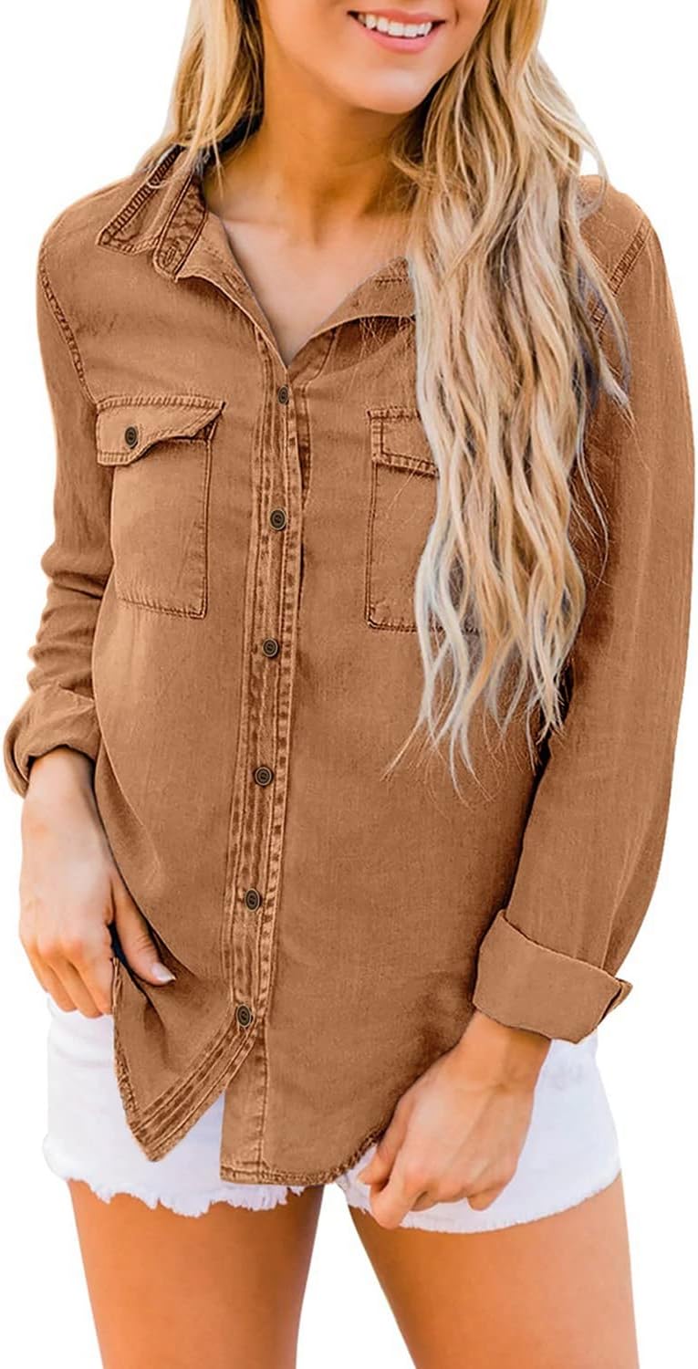 luvamia Denim Shirt Women Chambray Jean Western Shirts Long Sleeve Button Down TopsB Almond Brown