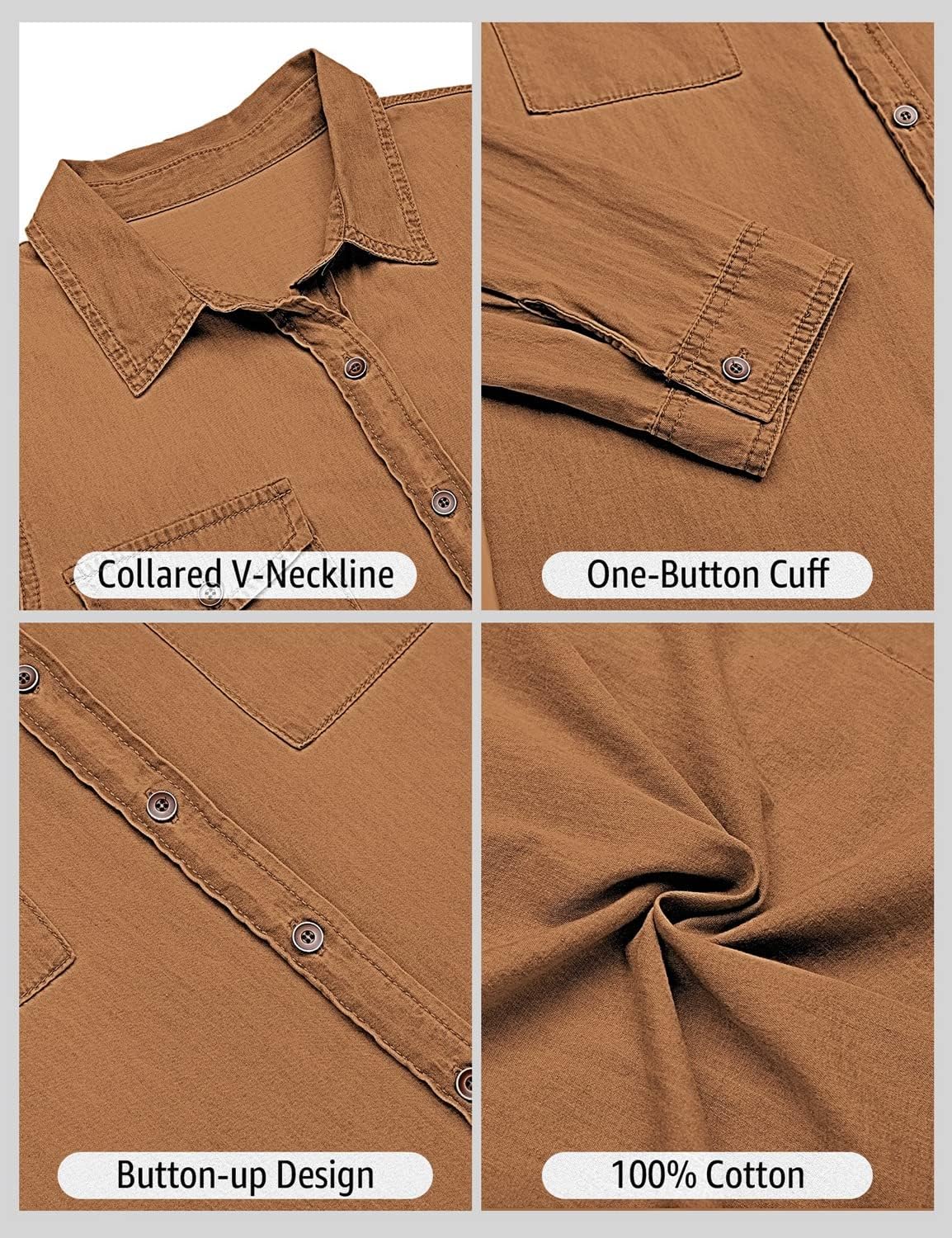 luvamia Denim Shirt Women Chambray Jean Western Shirts Long Sleeve Button Down TopsB Almond Brown