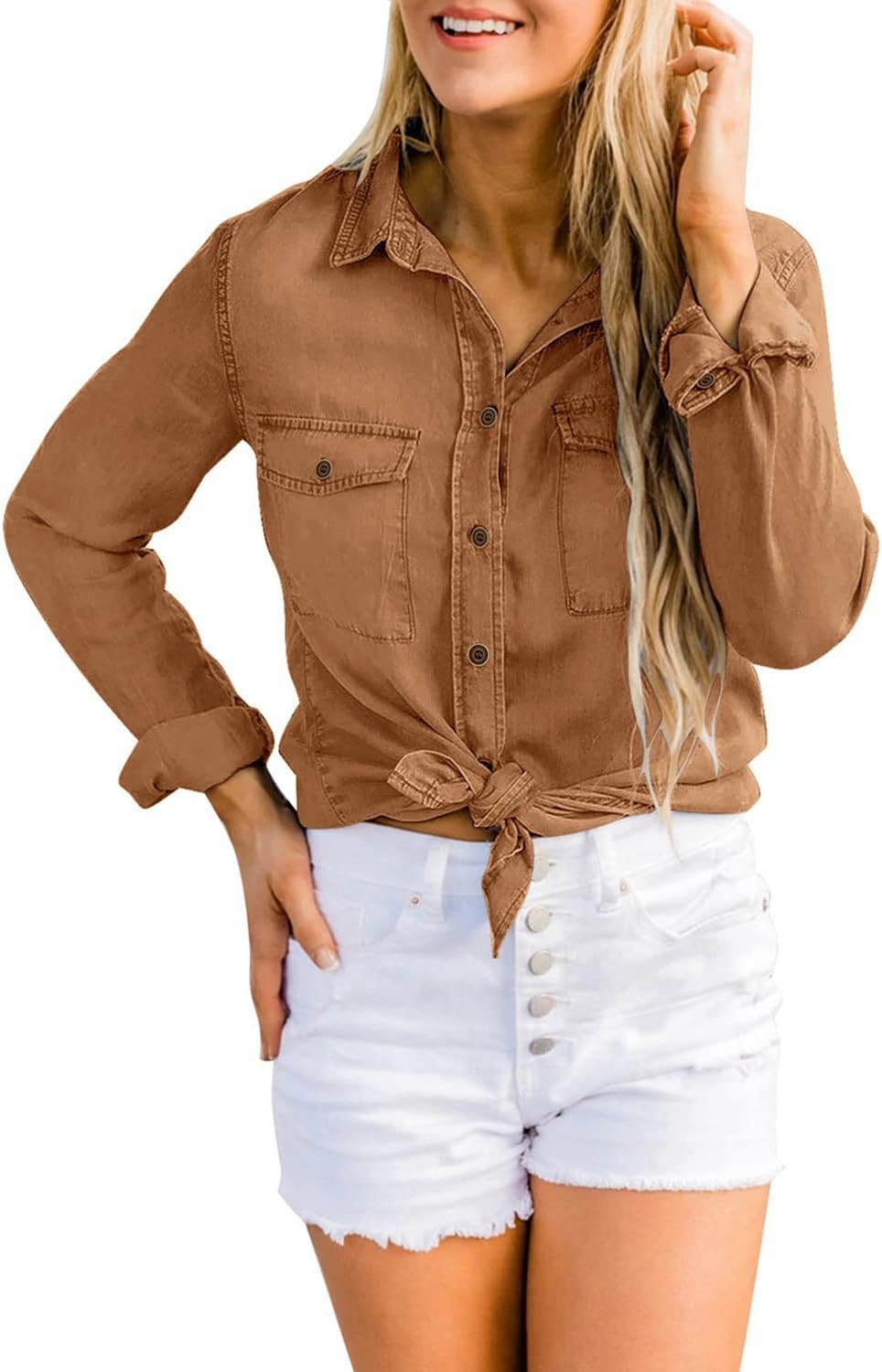 luvamia Denim Shirt Women Chambray Jean Western Shirts Long Sleeve Button Down TopsB Almond Brown