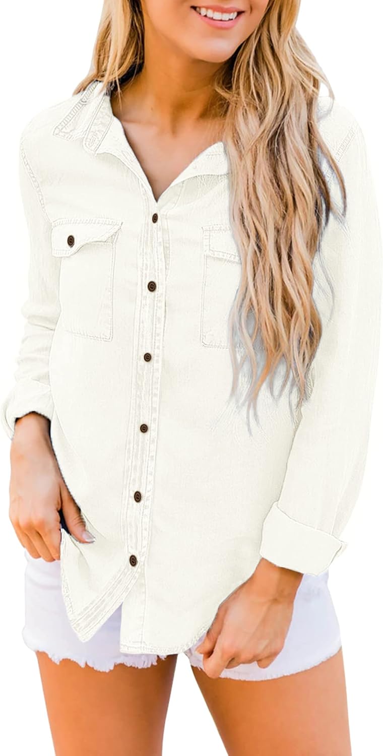 luvamia Denim Shirt Women Chambray Jean Western Shirts Long Sleeve Button Down TopsBrilliant White