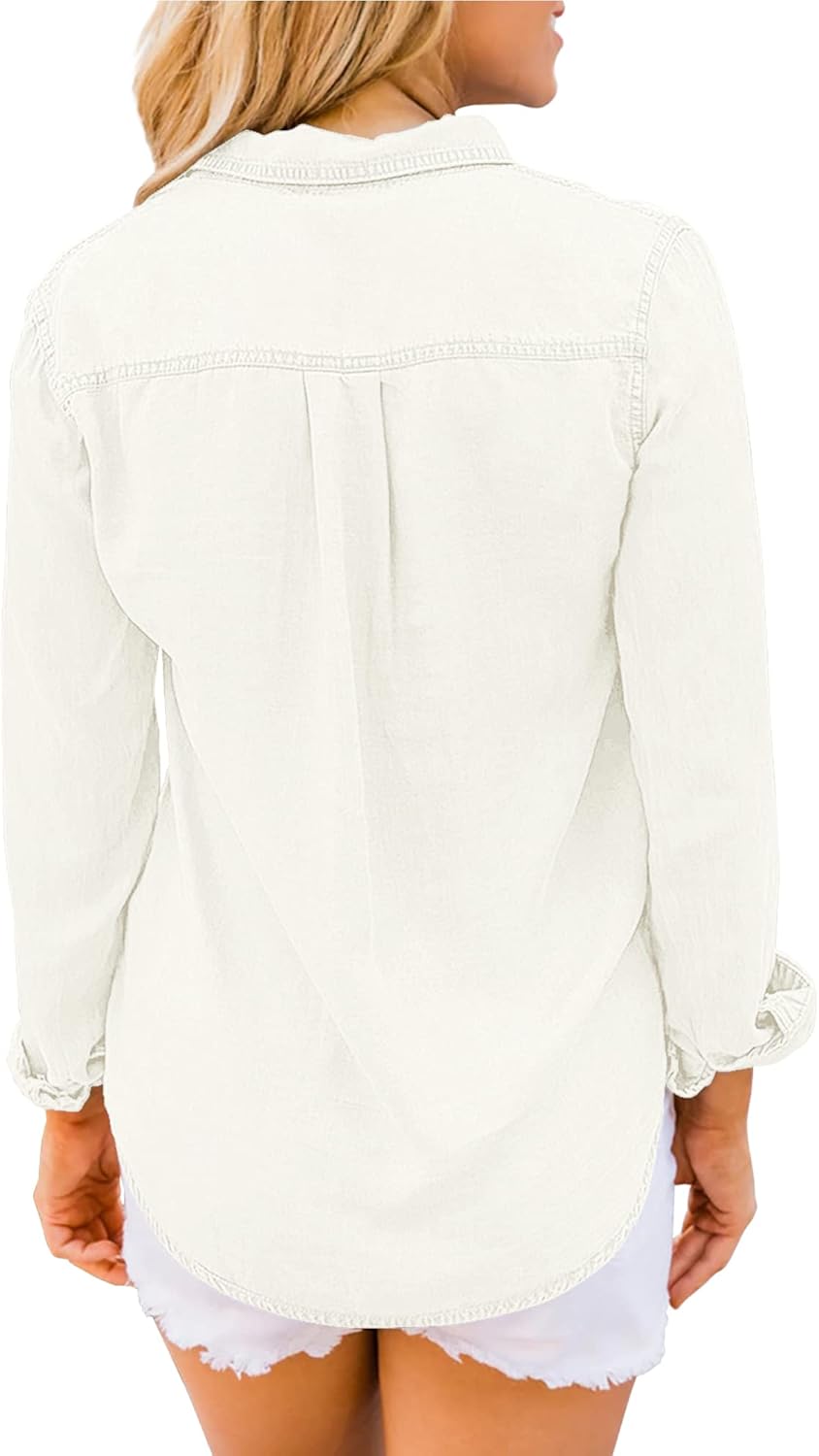 luvamia Denim Shirt Women Chambray Jean Western Shirts Long Sleeve Button Down TopsBrilliant White