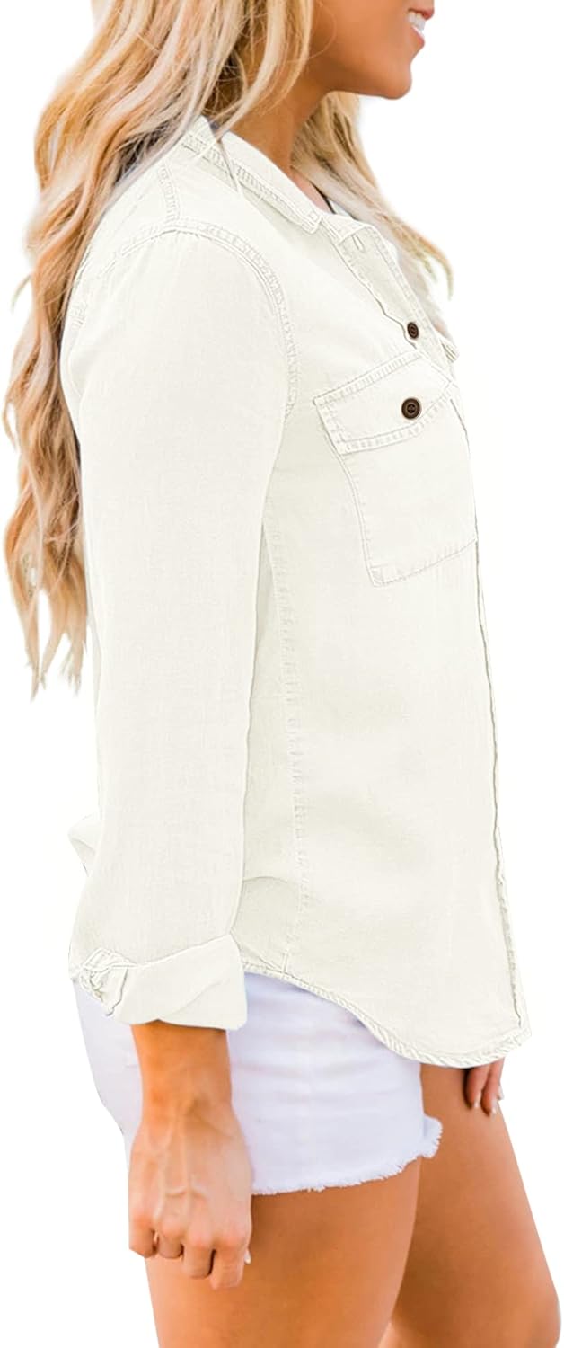 luvamia Denim Shirt Women Chambray Jean Western Shirts Long Sleeve Button Down TopsBrilliant White