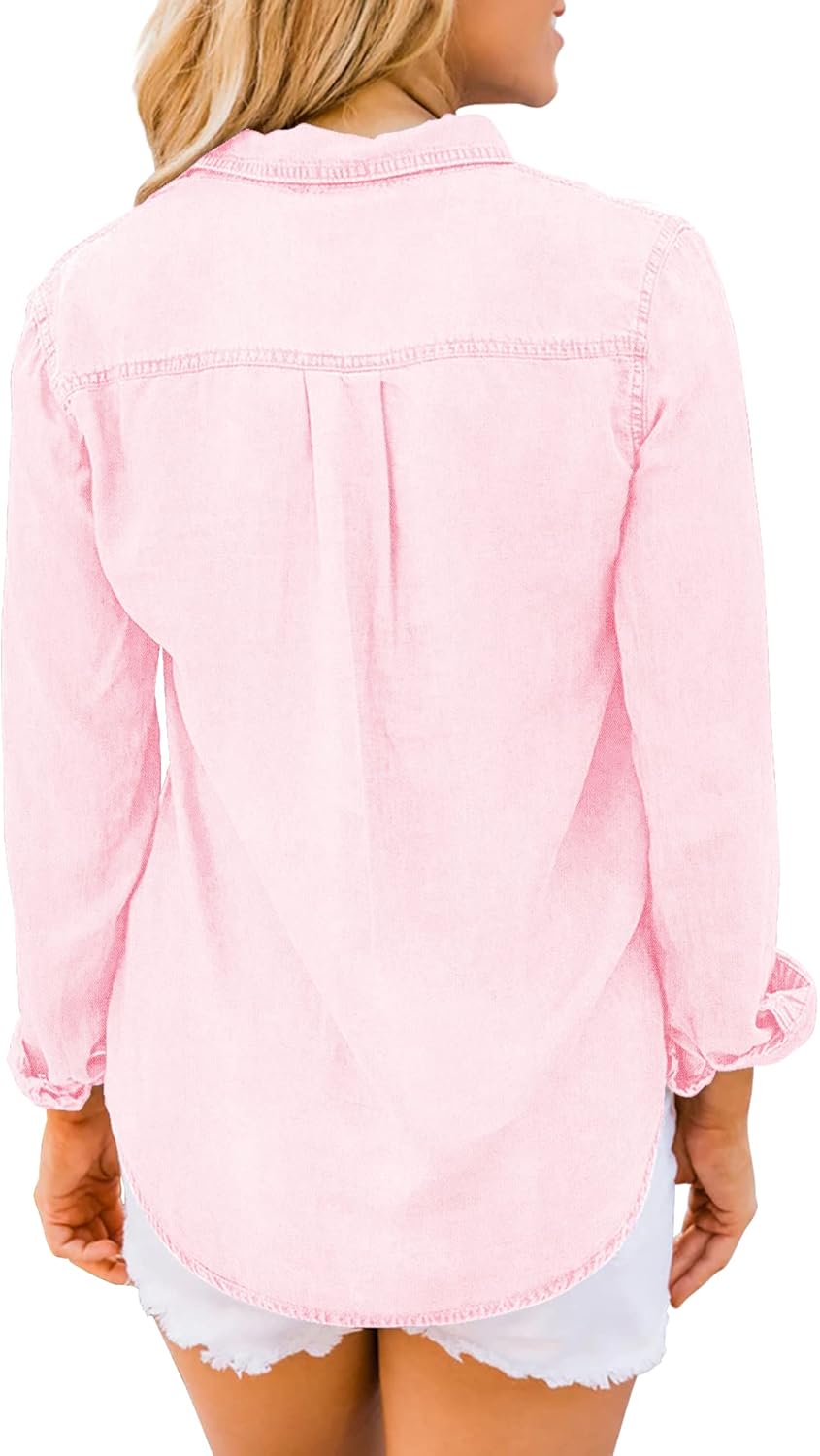 luvamia Denim Shirt Women Chambray Jean Western Shirts Long Sleeve Button Down TopsCandy Pink