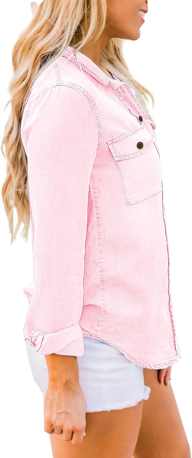 luvamia Denim Shirt Women Chambray Jean Western Shirts Long Sleeve Button Down TopsCandy Pink
