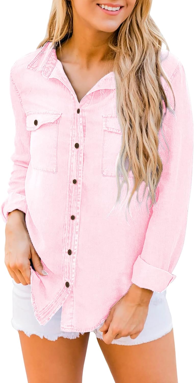 luvamia Denim Shirt Women Chambray Jean Western Shirts Long Sleeve Button Down TopsCandy Pink