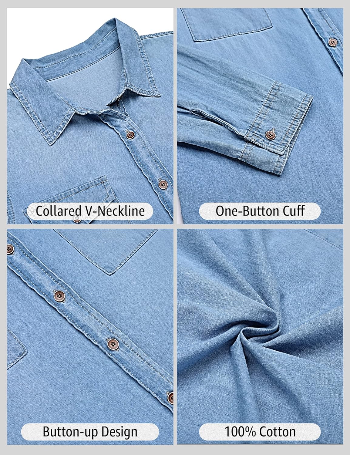 luvamia Denim Shirt Women Chambray Jean Western Shirts Long Sleeve Button Down TopsClassic Blue