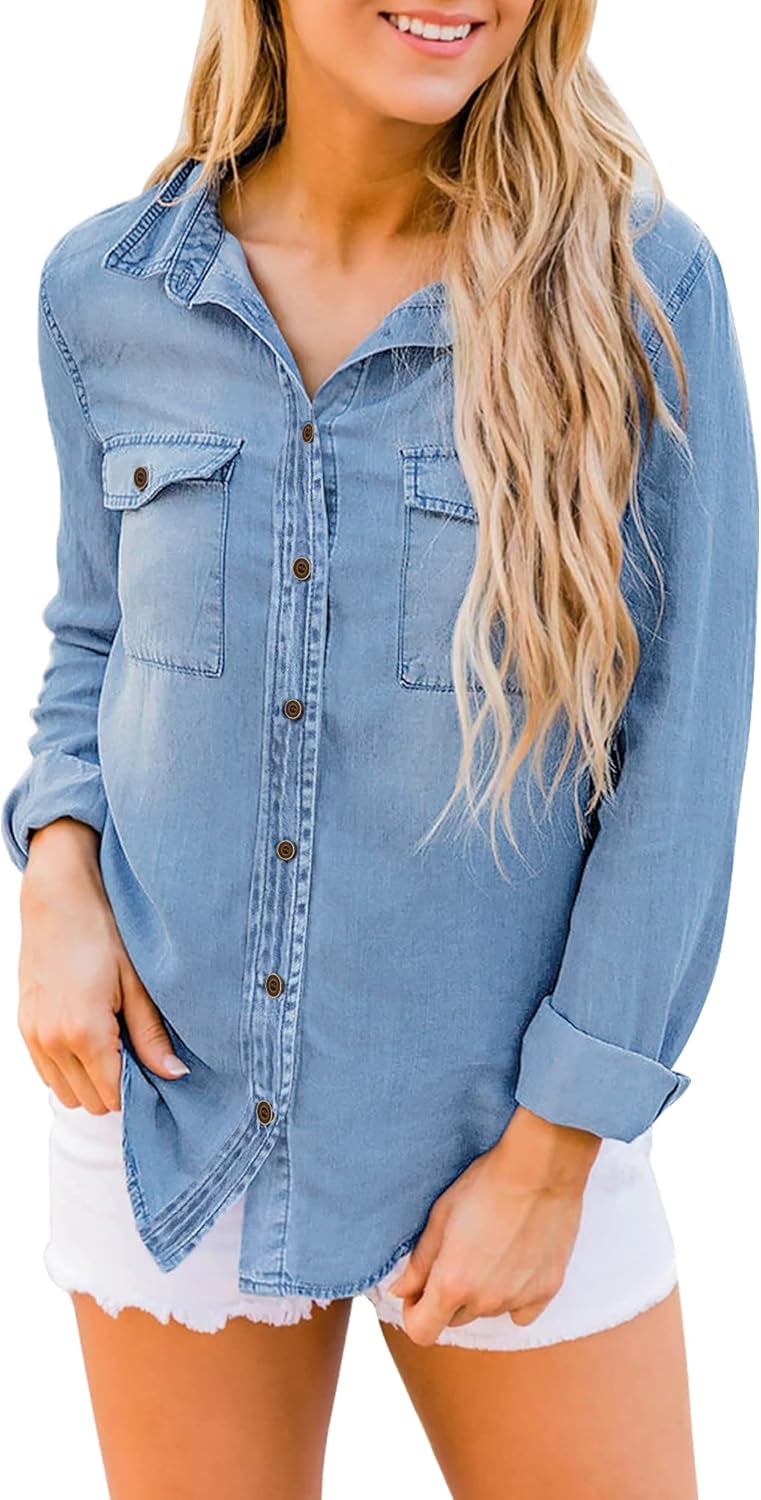 luvamia Denim Shirt Women Chambray Jean Western Shirts Long Sleeve Button Down TopsClassic Blue