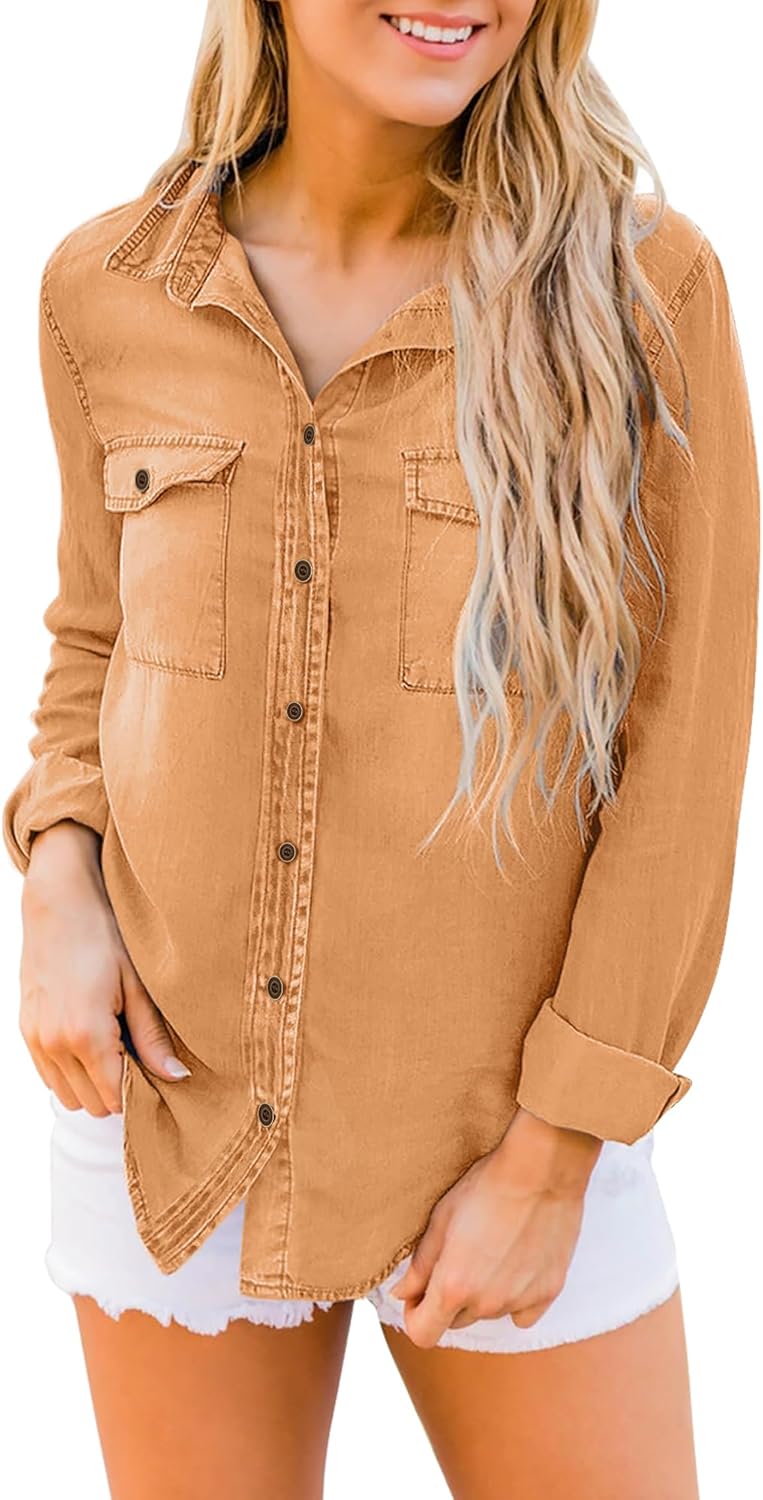 luvamia Denim Shirt Women Chambray Jean Western Shirts Long Sleeve Button Down TopsClay