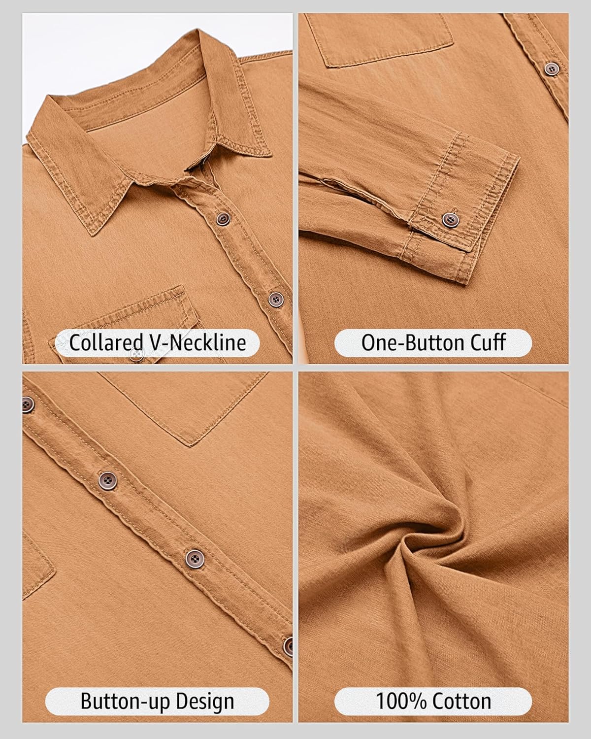 luvamia Denim Shirt Women Chambray Jean Western Shirts Long Sleeve Button Down TopsClay