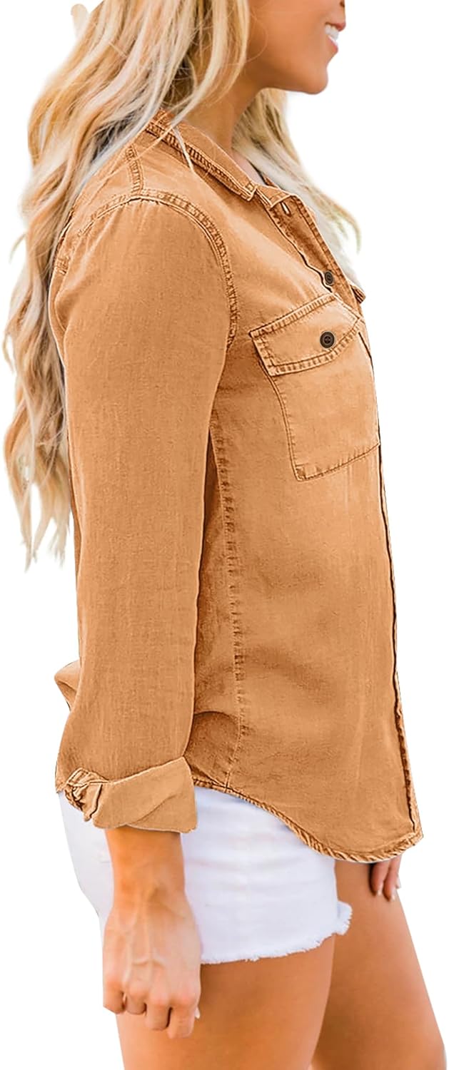 luvamia Denim Shirt Women Chambray Jean Western Shirts Long Sleeve Button Down TopsClay