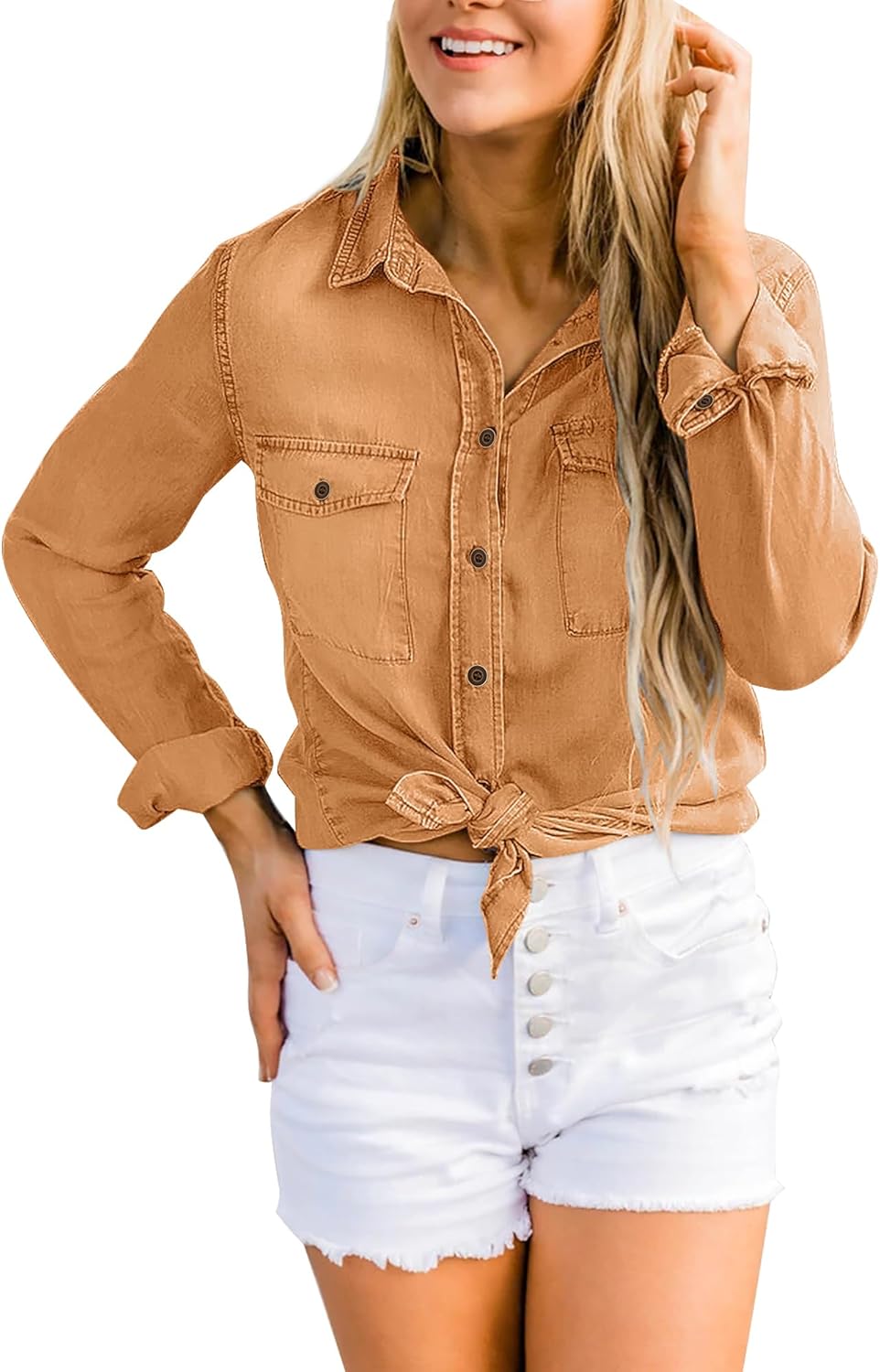 luvamia Denim Shirt Women Chambray Jean Western Shirts Long Sleeve Button Down TopsClay