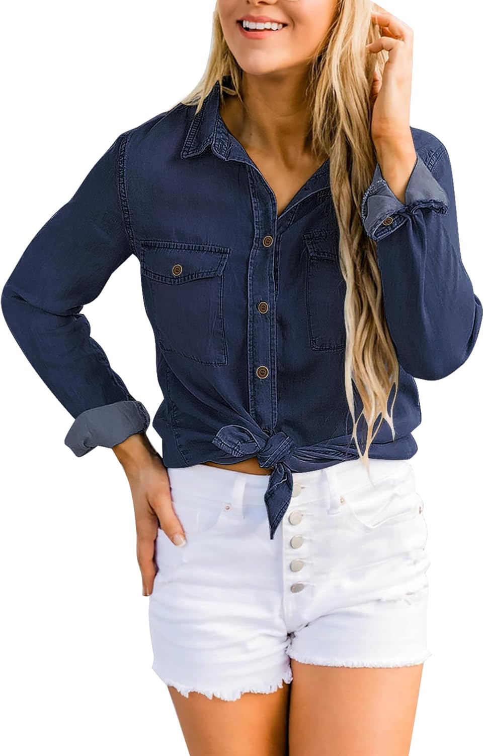 luvamia Denim Shirt Women Chambray Jean Western Shirts Long Sleeve Button Down TopsDark Blue