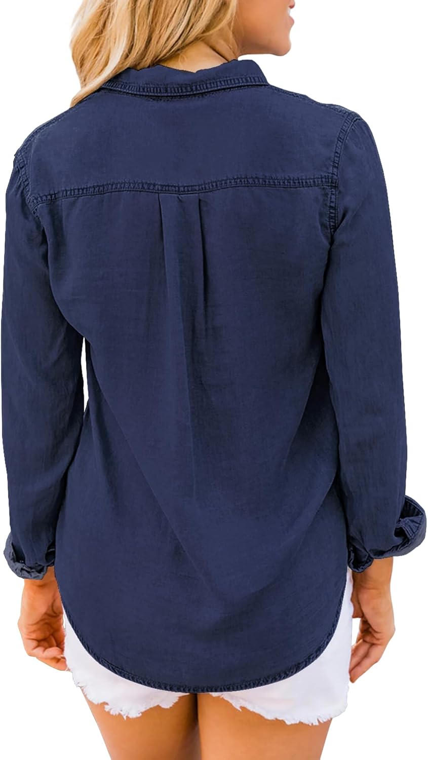 luvamia Denim Shirt Women Chambray Jean Western Shirts Long Sleeve Button Down TopsDark Blue