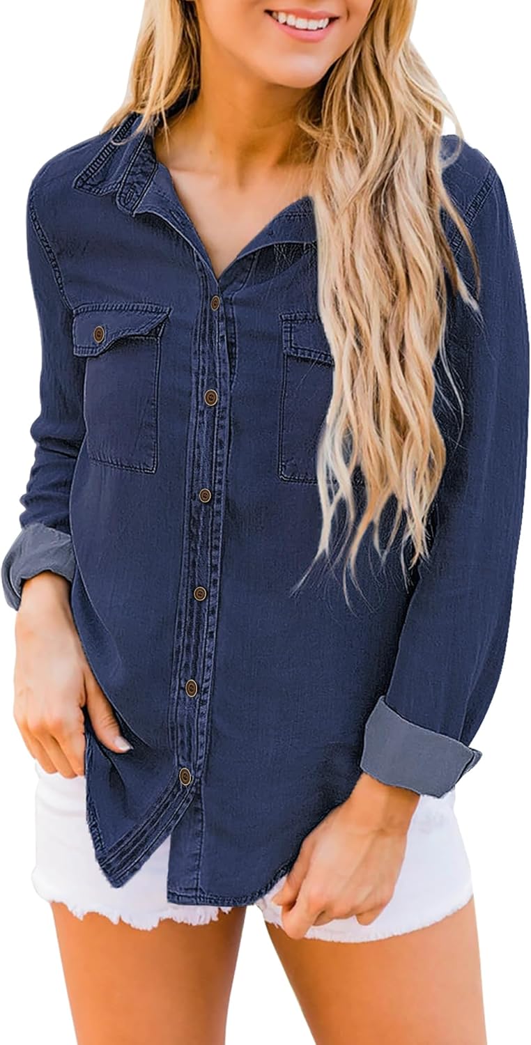 luvamia Denim Shirt Women Chambray Jean Western Shirts Long Sleeve Button Down TopsDark Blue