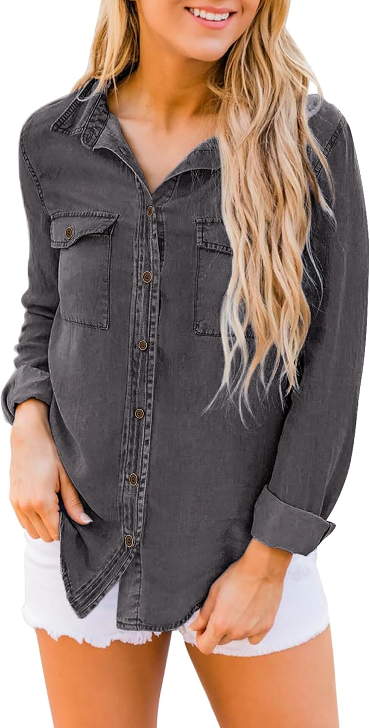 luvamia Denim Shirt Women Chambray Jean Western Shirts Long Sleeve Button Down TopsDark Gray