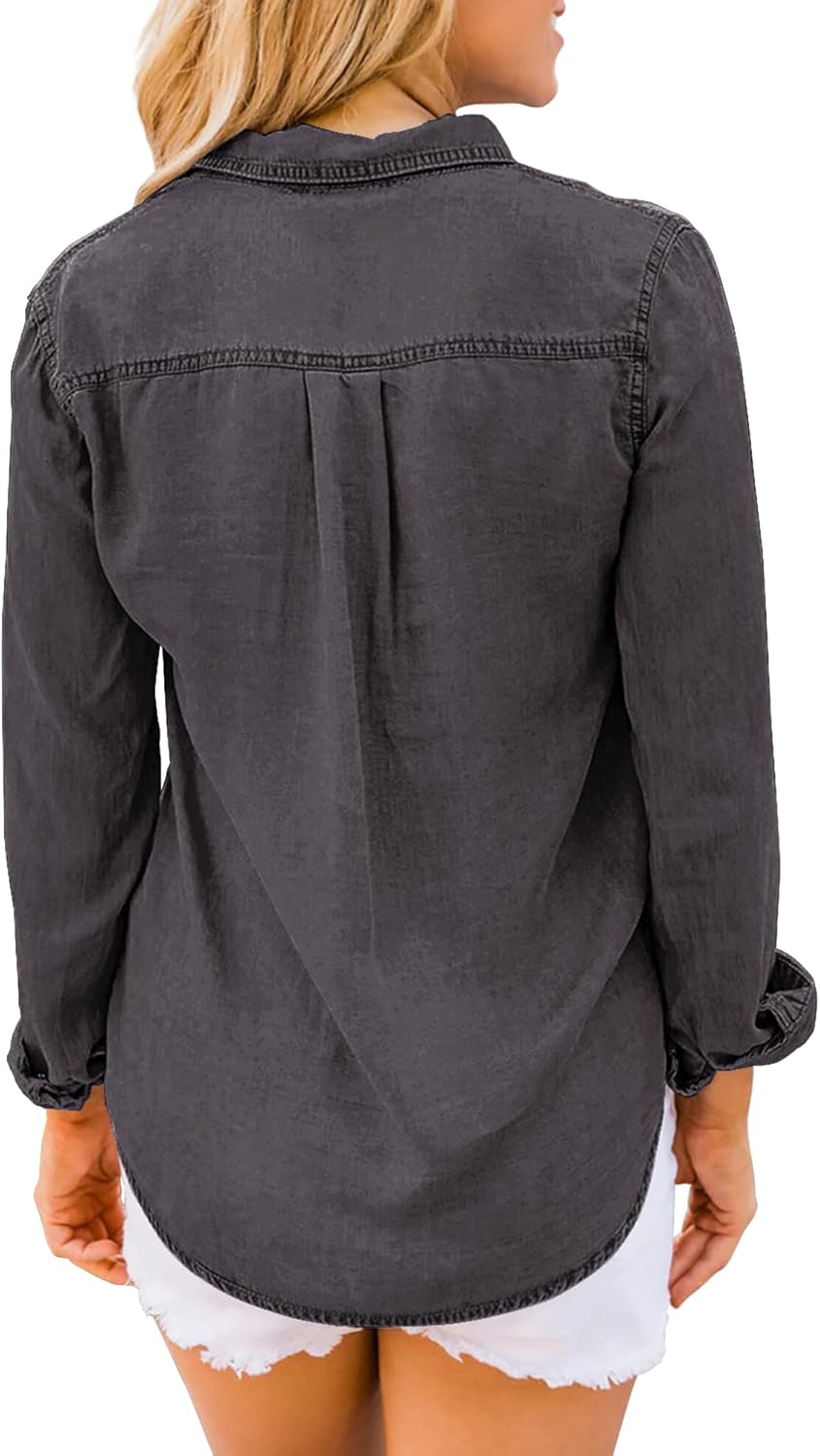 luvamia Denim Shirt Women Chambray Jean Western Shirts Long Sleeve Button Down TopsDark Gray