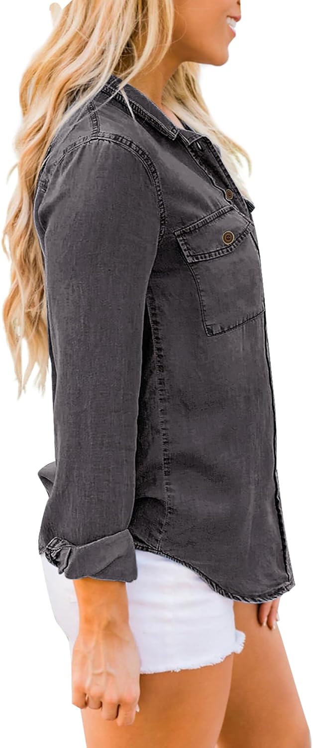 luvamia Denim Shirt Women Chambray Jean Western Shirts Long Sleeve Button Down TopsDark Gray